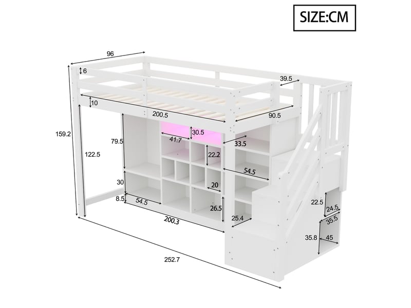 Lit mezzanine 90x200 cm, armoire simple, escalier avec rangement, rangements compartimentés, éclairage avec éclairage led, bois et mdf blanc - Conforama C