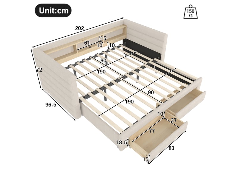  Lit gigogne rembourré 90x190 cm coloris beige led velours lit adulte beige - Conforama C