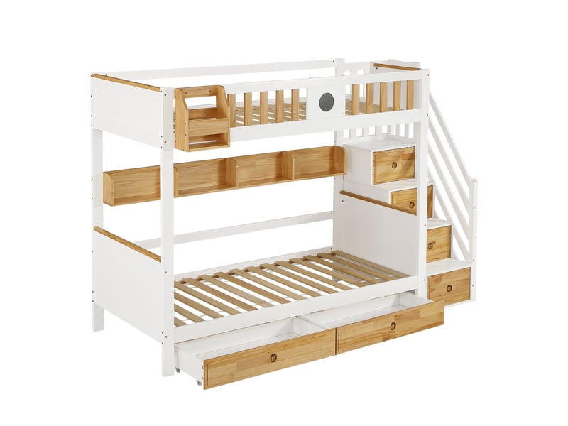 Lit superposé 90x200 cm, escalier avec 4 rangements, 2 tiroirs, étagères et tableau, pin et mdf,blanc et naturel - Conforama A