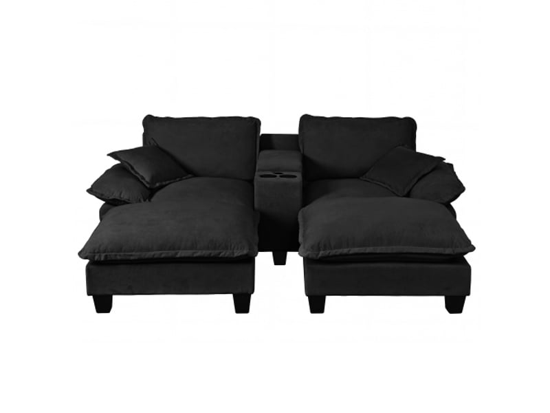  Canapé d’angle modulable, 2 poufs, rangements, ports usb et porte-gobelets, 2 coussins, 224 × 151 × 90 cm, noir  - Conforama A