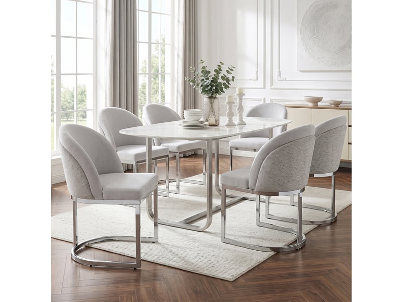  Lot de 6 chaises de salle à manger avec dossier double et pieds en métal galvanisé, tissu chenille gris clair et argenté  - Conforama B
