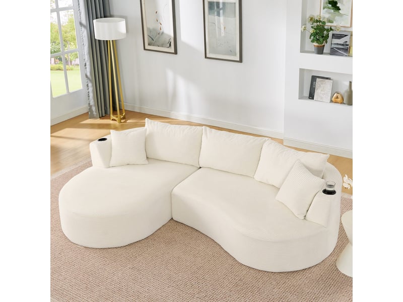  Canapé compressé 3 places, méridienne à gauche + 2 places, velours côtelé beige, porte-gobelet et coussins, sans montage 82418-BGE-LC - Conforama D