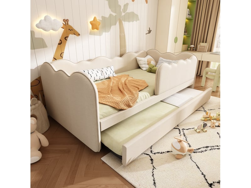 Lit enfant gigogne 90x190 cm avec sommier à lattes, revêtement en lin beige - Conforama B