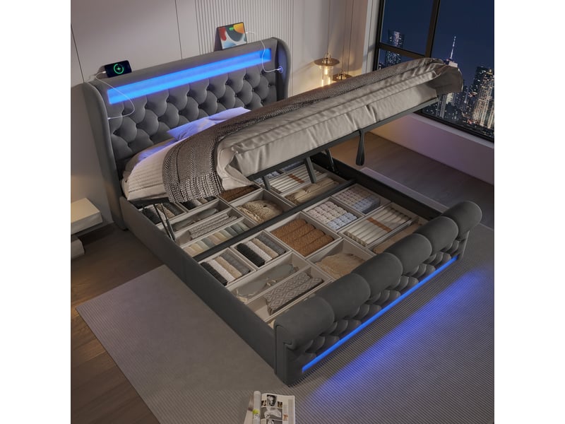  Lit coffre 140x200 cm - lit double avec rangement, led rgb et prises usbtype-c, en velours gris - sans matelas  - Conforama B
