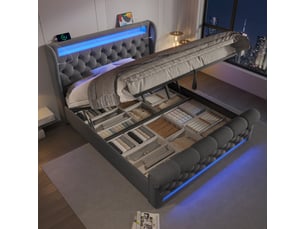 Lit coffre 140x200 cm - lit double avec rangement, led rgb et prises usbtype-c, en velours gris - sans matelas