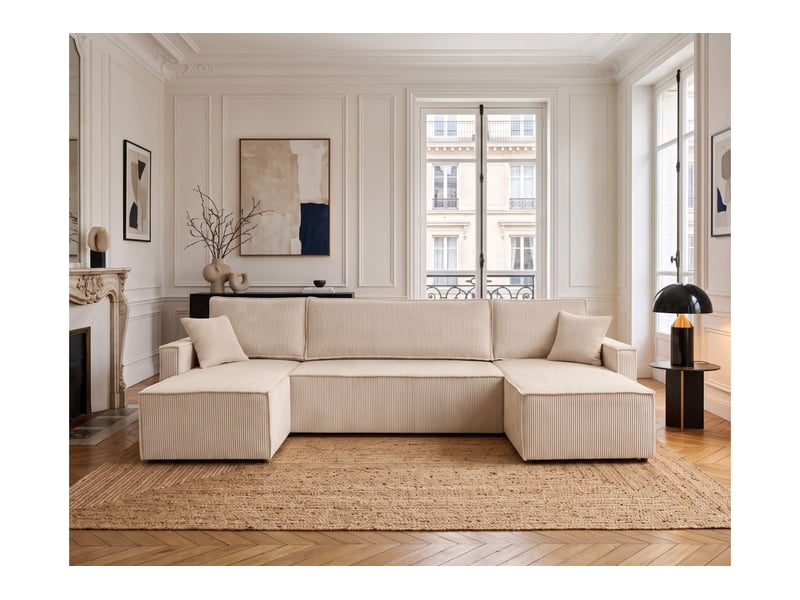  Farah - canapé d'angle panoramique convertible 6 places accoudoirs slim en velours cotelé  - Conforama B