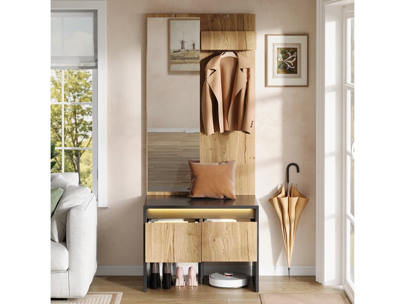  Vestiaire d'entrée avec banc à chaussures, miroir et 2 tiroirs, meuble d'entrée noir et bois 60x38x145 cm  - Conforama C