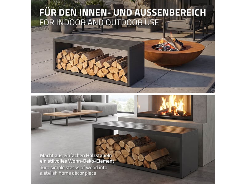  Ml-design range-bûches pour intérieur et extérieur avec banc, acier galvanisé, conception 2-en-1 motif sobre, rangement bois de chauffage, support d'empilage résistant aux intempéries, 120x38x43 cm ECD Germany GmbH - Conforama D