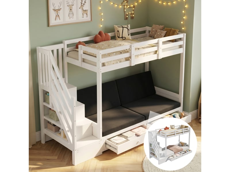  Lit superposé enfant 90x200 cm avec canapé, rangement et 2 tiroirs, blanc  - Conforama D