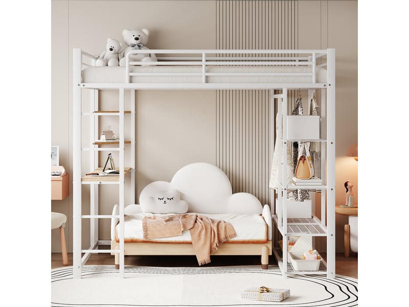 Lit mezzanine 140x200 cm, lit double pour ado avec bureau et échelle sécurisée, cadre métal mdf résistant, sans matelas - blanc  - Conforama E