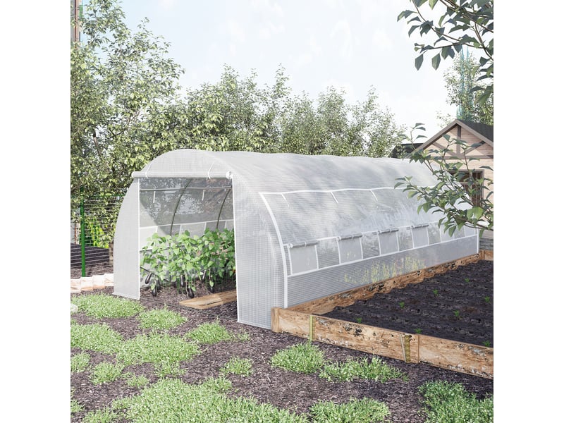  Serre de jardin 18 m² 6l x 3l x 2h m avec porte + parois latérales zippées enroulables, 12 fenêtres, acier pe  - Conforama D