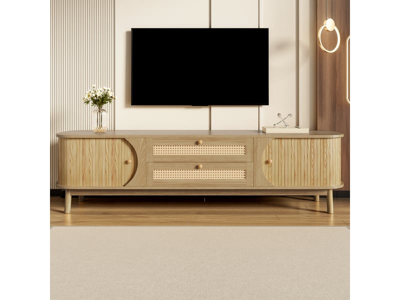 Meuble tv bois massif et rotin naturel 170 cm avec portes coulissantes et tiroirs, style rustique  - Conforama W
