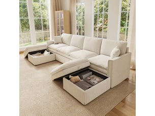 Canapé d'angle panoramique convertible <strong>SAPGAKS</strong> <strong></strong> 6 places Coton / Lin beige avec coffre de rangement