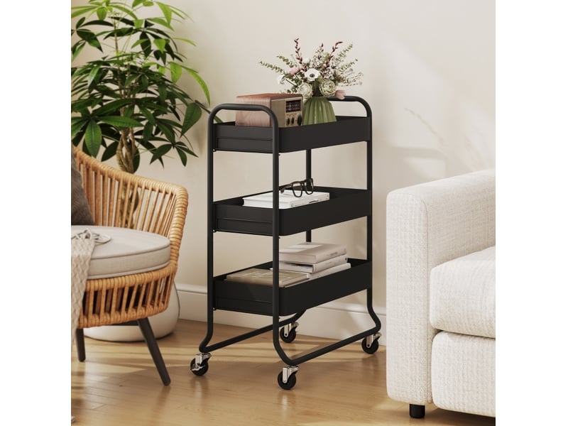  Desserte de cuisine 64,5 x 34 x 87 cm en métal noir, 3 paniers de rangement et 4 roulettes avec freins  - Conforama D