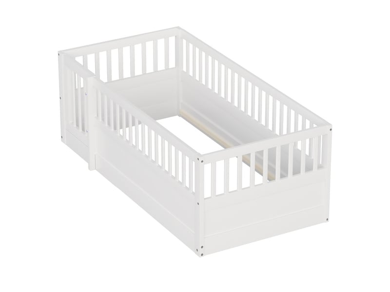 Lit enfant 90 x 200 cm - cadre de lit en bois - avec barrières de sécurité - avec porte - blanc (sommier à lattes non inclus)  - Conforama R