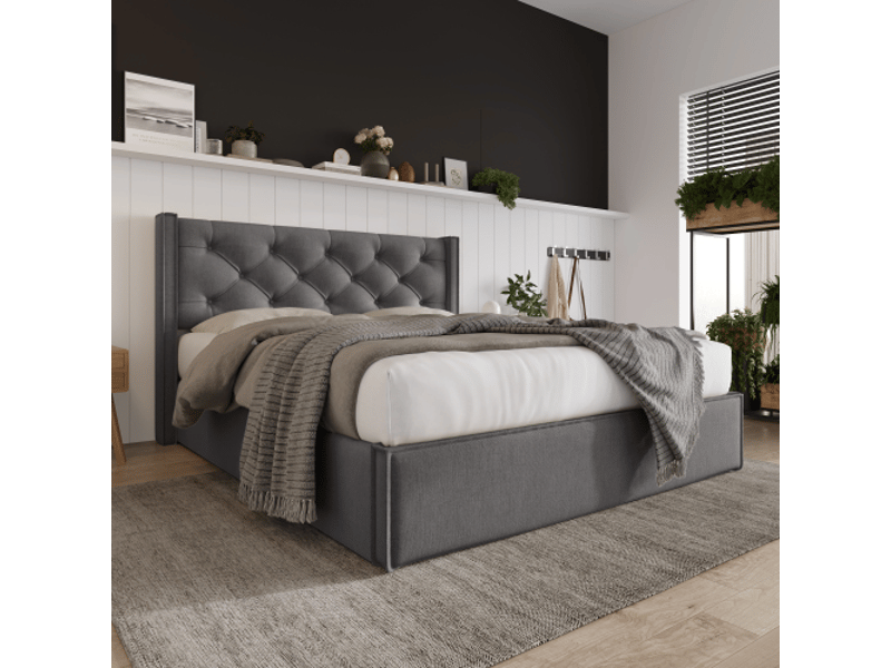 Lit coffre hydraulique 140x200 cm - sommier métal, cadre contemporain, rangement, tissu coton gris - Conforama B