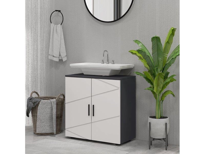  Meuble rangement sous lavabo salle de bain etagere reglable 60 cm bois gris homvra  - Conforama B