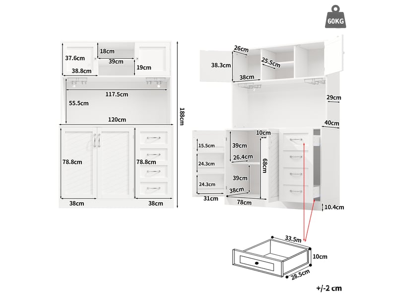  Buffet de cuisine avec led intégrée, 4 portes, 2 grands tiroirs et porte-boissons, en mdf blanc, 120 × 40 × 188 cm  - Conforama E
