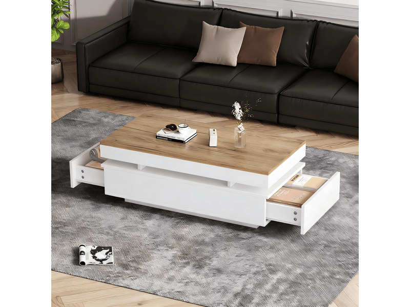  Table basse led 100x50x35 cm, table de salon blanc et bois avec 2 tiroirs, finition brillante  - Conforama E