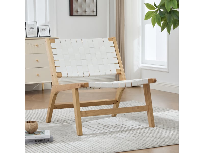  Fauteuil sans accoudoirs tressé à motif damier, structure en bois, assise basse pour intérieur et extérieur, pu blanc  - Conforama C