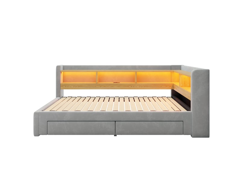  Lit banquette 90x200 cm – gris – gigogne 180x200 cm, rangements, led et prise intégrés – sans matelas  - Conforama D