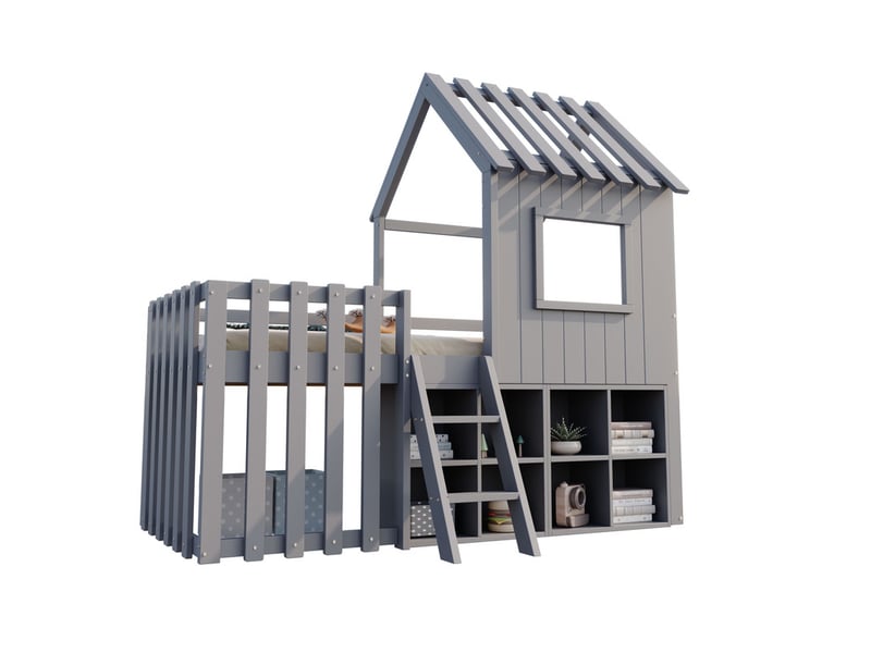  Lit mezzanine en bois massif, 90 x 200 cm, échelle de sécurité latérale avec rangements, blanc  - Conforama A