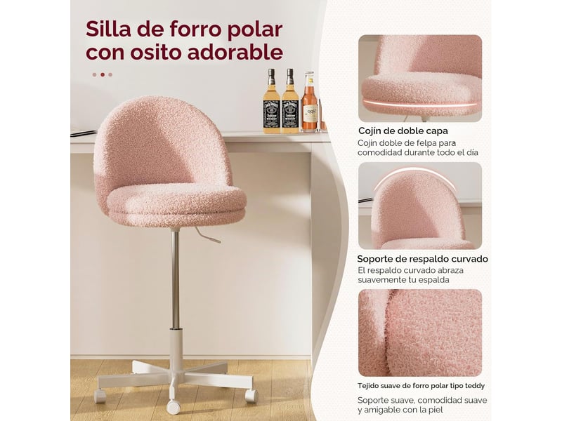  Gtplayer chaise de bureau domestique sans accoudoirs, avec dossier, hauteur réglable, polaire teddy - rose CH710-PK-TV - Conforama D