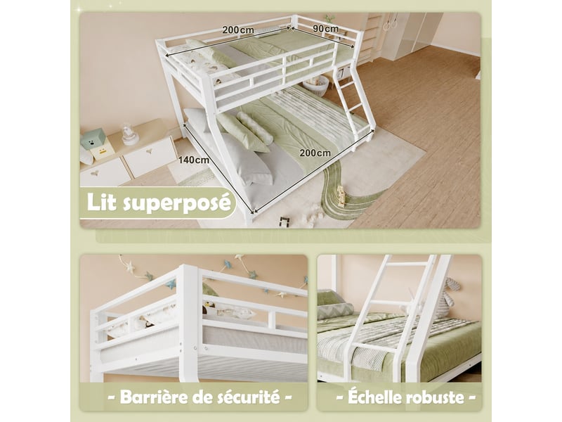  Lit superposé en métal blanc avec garde-corps, 90 x 200 et 140 x 200 cm, sans matelas, pour chambre enfant  - Conforama W