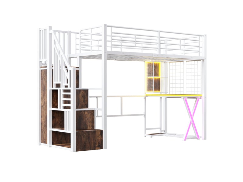 Lit mezzanine blanc 90x200 cm avec led, bureau, armoire, étagères et échelle rangement - Conforama E