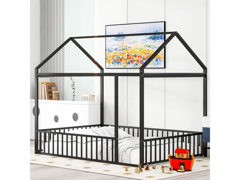  Lit superposé enfant 2 couchages 90x200 cm, angles arrondis, barrières de sécurité, pieds surélevés, métal noir Radiant Stride - Conforama D