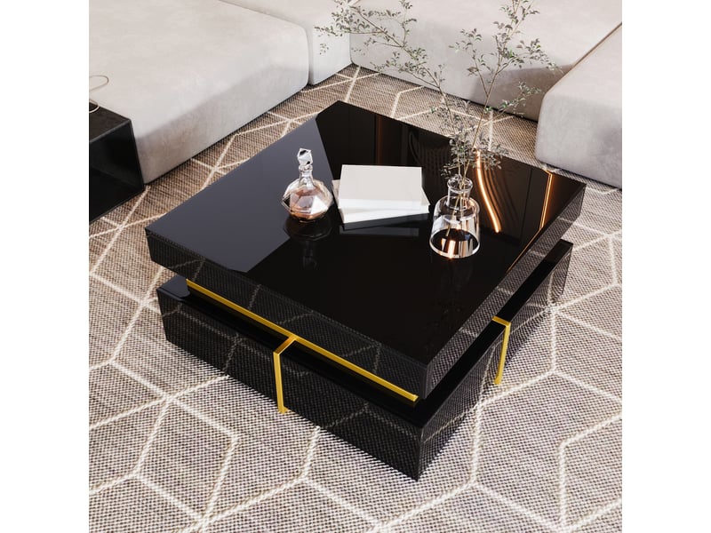 Table basse 70x70x35,5 cm avec 2 tiroirs, rangement sur deux côtés, finition brillante, panneaux de particules, noir et doré ABC - Conforama D