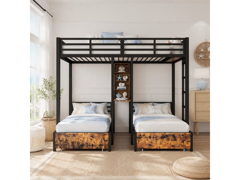  Lit superposé 3 places 200×140 cm et 200×90 cm avec rangements, 2 tiroirs et garde-corps, sans matelas, noir  - Conforama B