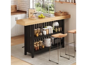 Table de bar - 160x40x105 cm - table haute avec repose-pieds et étagère à 2 niveaux - bois naturel et noi