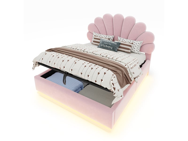  Lit coffre 140 × 200 cm 2 places avec éclairage led réglable et tête de lit fleurie, sans matelas, rose velours  - Conforama A
