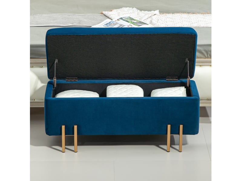  Banc de rangement 100 x 40 x 42 cm bleu foncé, polyester doux et mousse de 4 cm, structure bois et métal  - Conforama B