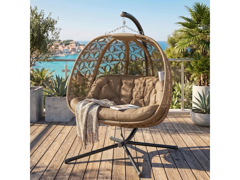 Fauteuil suspendu pliant avec structure pour 2 personnes, panier suspendu avec coussins épais, porte-gobelets et ceinture de sécurité. - Conforama C