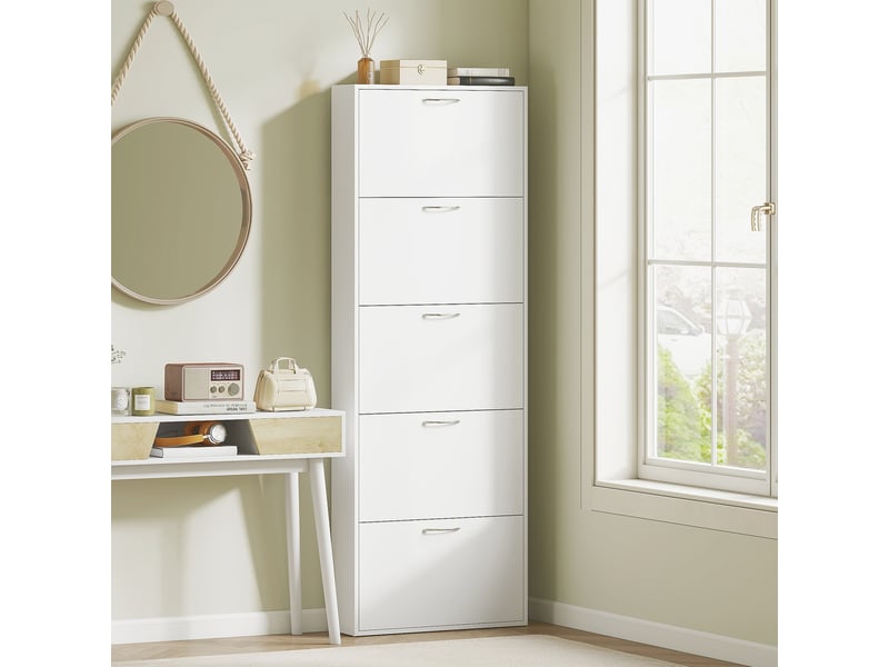  Meuble à chaussures 15 paires, armoire à chaussures étroite moderne avec 5 tiroirs rabattables, 65 x 17 x 180,5 cm blanc  - Conforama C