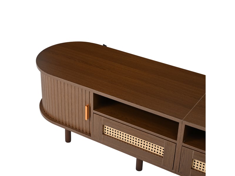  Meuble tv ovale 170x40x40 cm, 2 tiroirs rotin et 2 portes coulissantes, mdf noyer foncé  - Conforama D
