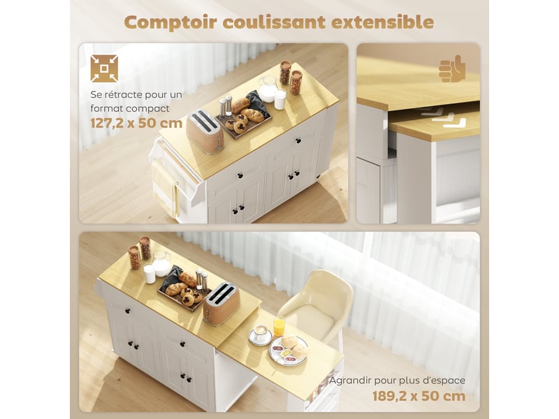  Îlot de cuisine extensible sur roulettes 4 portes 2 tiroirs blanc 127,2-189,2x50x87,8 cm  - Conforama D