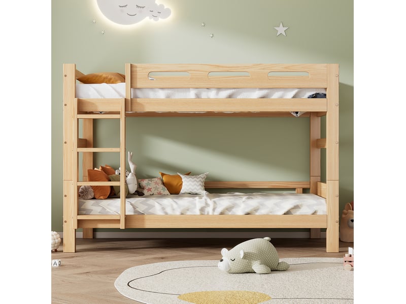  Lit superposé 90x200cm, lit convertible, escalier intégré, sommiers, lit enfant, en bois+mdf, naturel, sans matelas  - Conforama E