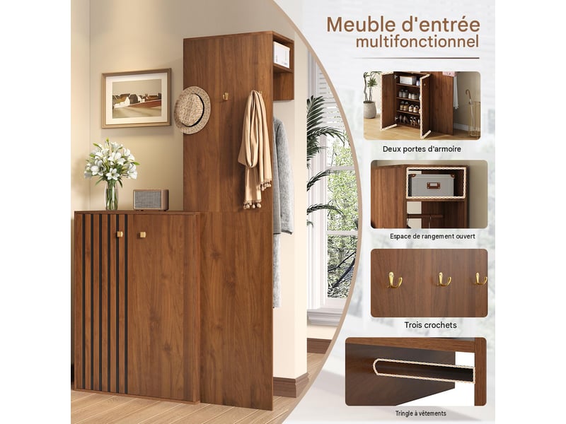  Vestiaire d'entrée avec meuble à chaussures mdf coloris noyer 115x38.5x191.5 cm GL4034N - Conforama D
