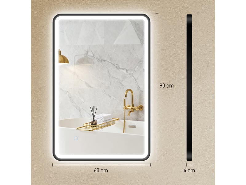  Miroir de salle de bain led avec cadre en aluminium noir 90x60 cm  - Conforama C