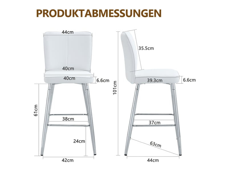 Lot de 2 chaises de bar 44x44x101cm avec dossier, assise mousse 6,6 cm, pieds métal argenté, revêtement pu blanc - Conforama C