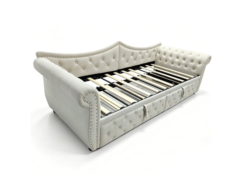 Lit gigogne 90x200 cm, canapé-lit 3-en-1 extensible en velours beige avec led et usb, sans matelas  - Conforama E