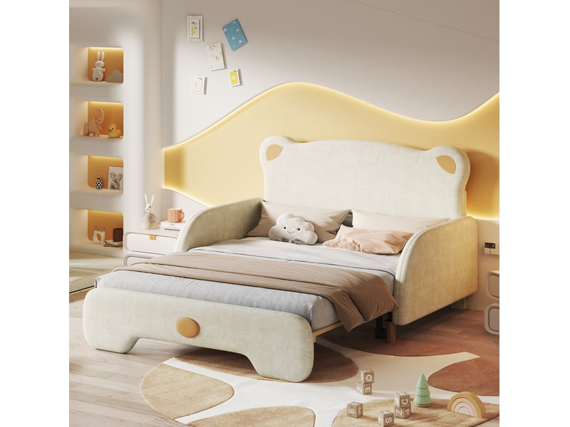  Lit enfant gigogne en forme d’ours 140x200 cm, couchage 140x105 cm, velours beige  - Conforama B