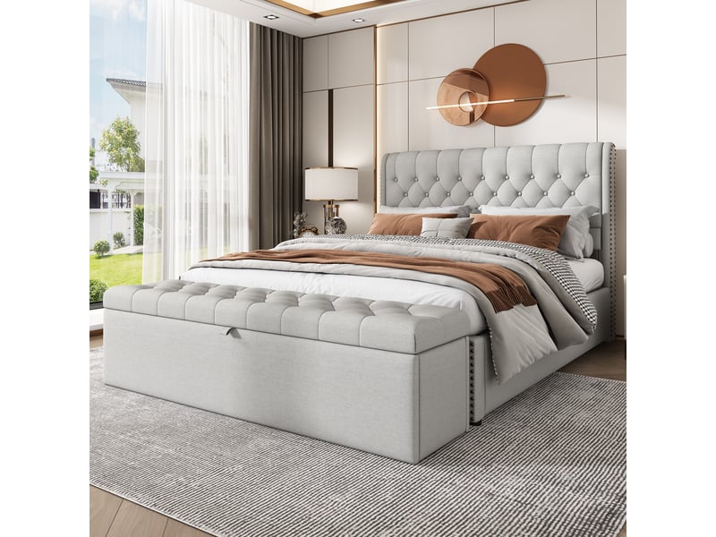 Banc de rangement en lin, coffre bout de lit 141 cm, pouf capitonné avec grand espace, bout de lit gris clair pour chambre. - Conforama D
