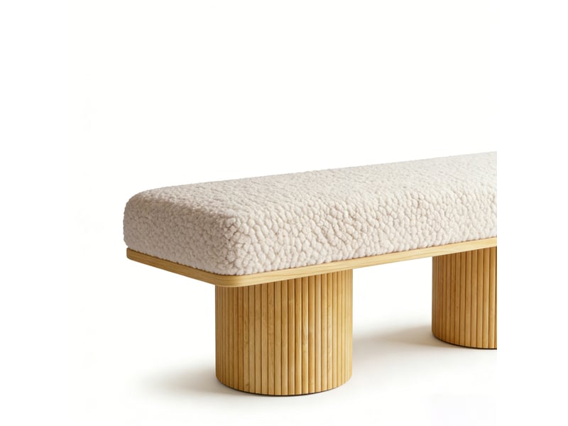  Banc de chambre 122x46x42,5 cm en bois et tissu peluche creme, assise rembourree, design moderne  - Conforama E