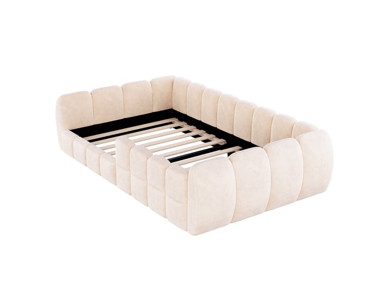  Lit au sol rembourré enfant 90x200 cm – lit simple 90x200 - cadre entièrement fermé avec bords arrondis – velours – beige  - Conforama A