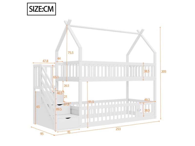  Lit superposé enfant 90x200 cm avec toit, escalier de rangement, blanc  - Conforama E