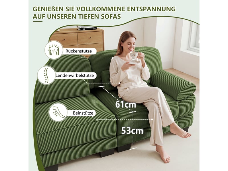  Canapé modulable 3 places en velours côtelé vert, assise profonde, coussin lombaire inclus, 265×88,5×94 cm  - Conforama D